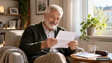 starší muž s bielou bradou v zelenom svetri sedí v kresle pri okne a s úsmevom číta list, vedľa obálka, hrnček a puzdro na okuliare